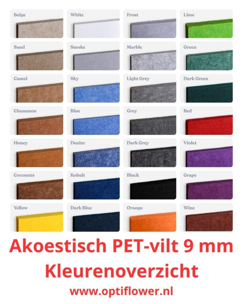 De huidige afbeelding heeft geen alternatieve tekst. De bestandsnaam is: Kleurenkaart-akoestisch-PET-vilt-optiflower.jpg